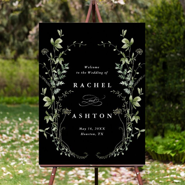 Black Elegant Wildflowers Wedding Welcome Foam Board (Creator Uploaded)