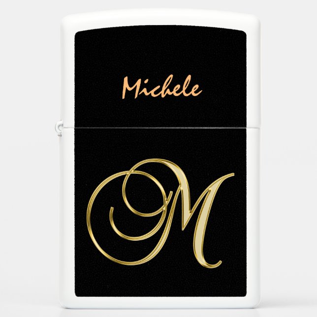 Black elegant with gold letter M Zippo Lighter (Front)
