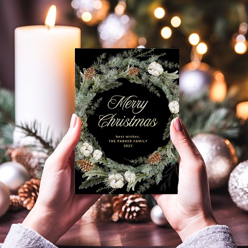 Black Elegant Wreath  Merry Christmas Gold Foil Holiday Card