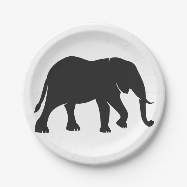 Black Elephant Illustration Animal on Zoo Silhouet Paper Plates (Front)