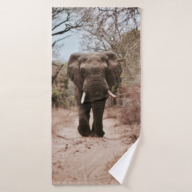 BLACK ELEPHANT WALKING ON BROWN SAND BATH TOWEL (Bath Towel)