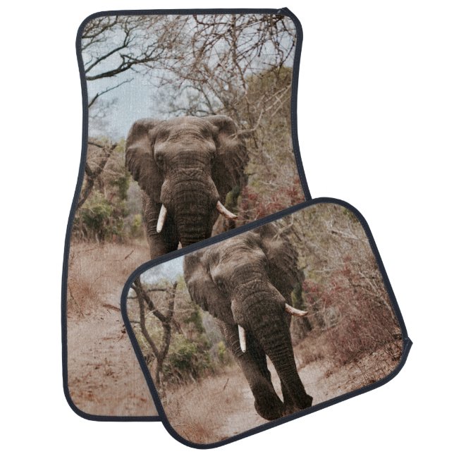 BLACK ELEPHANT WALKING ON BROWN SAND CAR FLOOR MAT (Set)