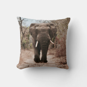 BLACK ELEPHANT WALKING ON BROWN SAND THROW PILLOW