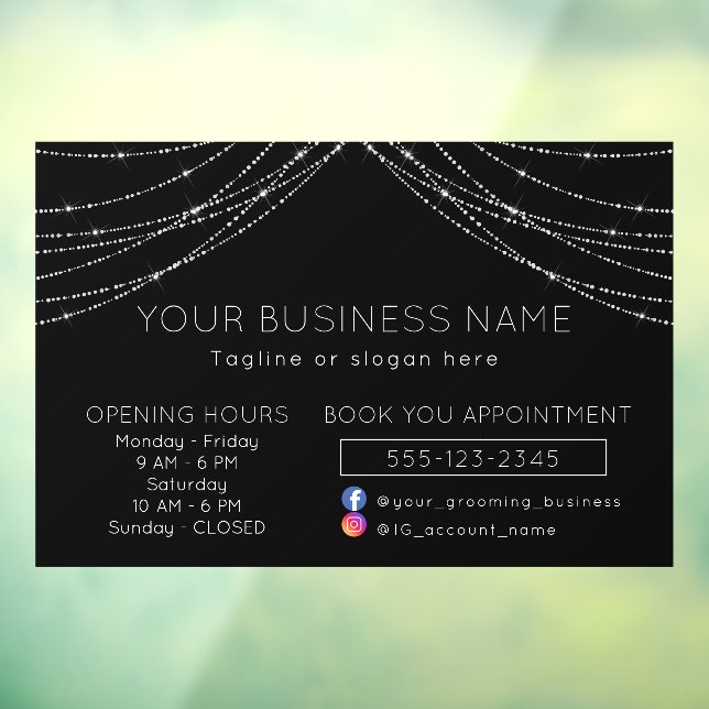 Black Elgant Light Strings Business Opening Hours  Window Cling (Sheet 3)