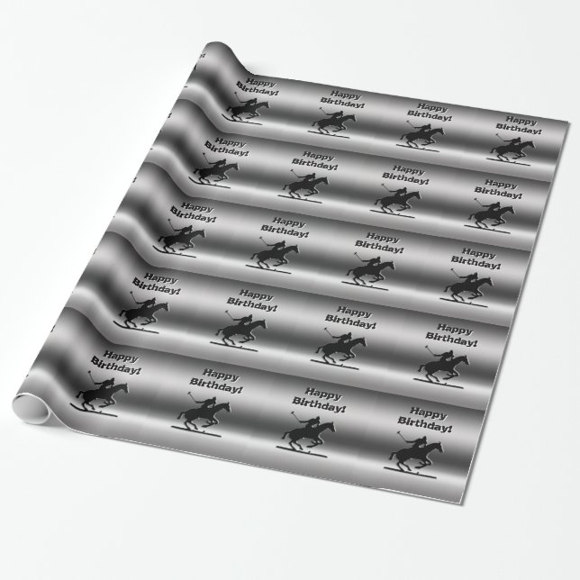 Black Embossed-look Polo Player, Happy Birthday Wrapping Paper (Unrolled)