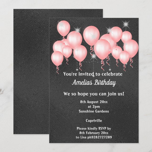 BLACK EMBOSSED METAL  PINK BALLOON BIRTHDAY PARTY INVITATION (Front/Back)
