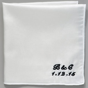 Black Embroidered White Linen Pocket Square