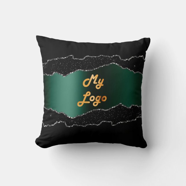 Black emerald agate marble name business logo throw pillow (Front)