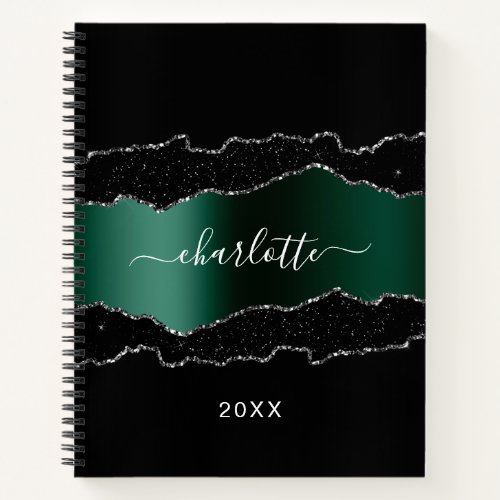 Black emerald green agate marble glitter name notebook