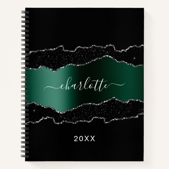Black emerald green agate marble glitter name notebook (Front)