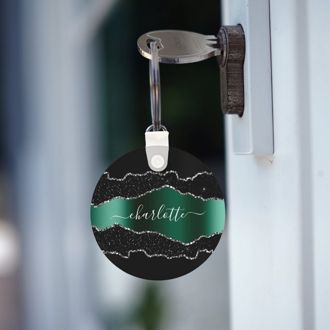 Black emerald green agate marble name script keychain (Creator Uploaded)