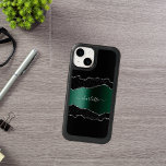 Black emerald green agate marble name script OtterBox iPhone 14 case<br><div class="desc">Black,  emerald green and faux silver metal,  agate,  marble stone print as background Personalize and add your name. The name is written with a modern hand lettered style script.</div>