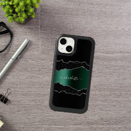 Black emerald green agate marble name script OtterBox iPhone 14 case