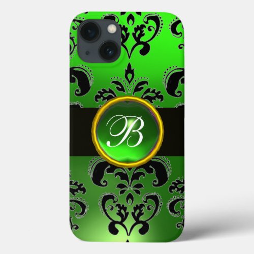 BLACK EMERALD GREEN BURGUNDY DAMASK MONOGRAM iPhone 13 CASE