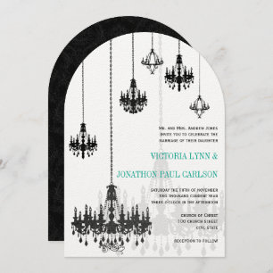 Black Emerald Green Damask Chandeliers Wedding Invitation