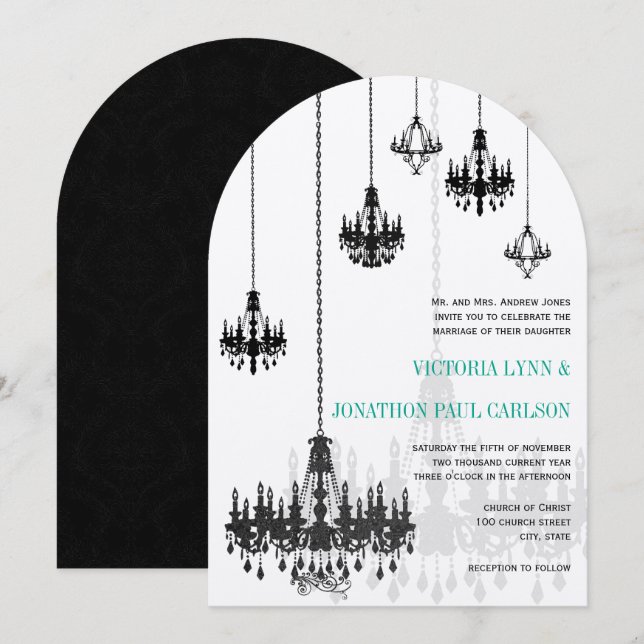 Black Emerald Green Damask Chandeliers Wedding Invitation (Front/Back)