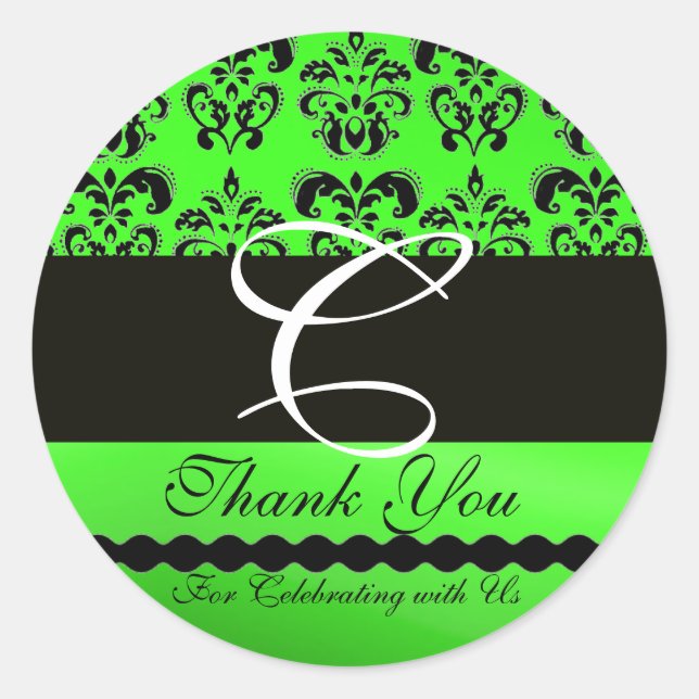 BLACK EMERALD GREEN DAMASK MONOGRAM Thank You Classic Round Sticker (Front)