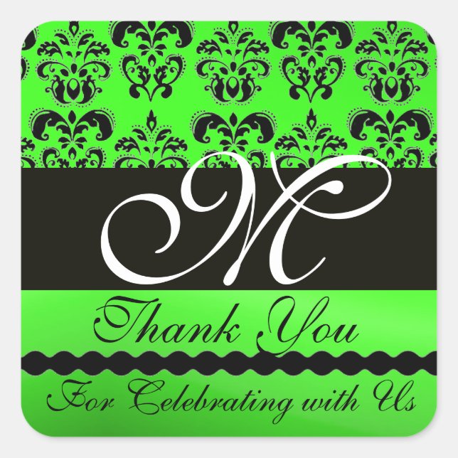 BLACK EMERALD GREEN DAMASK MONOGRAM Thank You Square Sticker (Front)