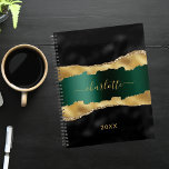 Black emerald green gold agate marble name planner<br><div class="desc">Black emerald green and faux gold,  agate,  marble stone print as background. Personalize and add your name and a year. The name is written with a modern hand lettered style script.</div>