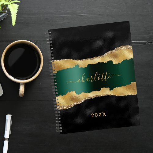 Black emerald green gold agate marble name planner
