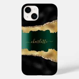 Black emerald green gold agate marble name script Case-Mate iPhone 14 case