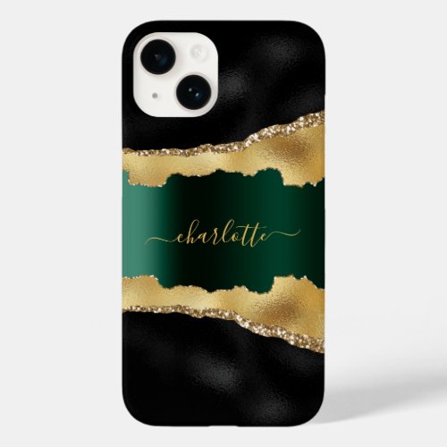 Black emerald green gold agate marble name script  Case_Mate iPhone 14 case