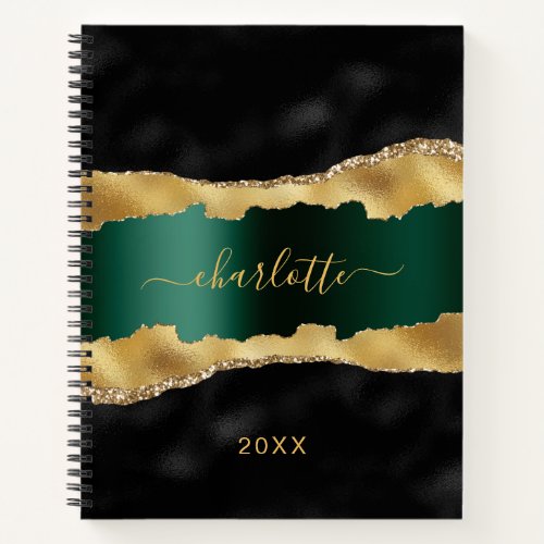 Black emerald green gold agate marble name script notebook