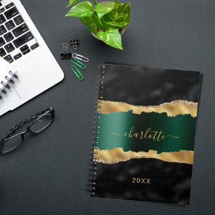 Black emerald green gold agate marble name script notebook