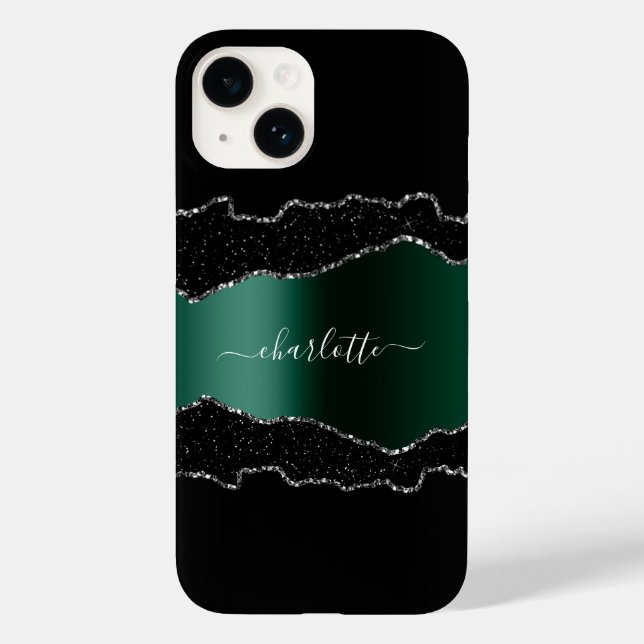 Black emerald green metal agate marble name script Case-Mate iPhone case (Back)