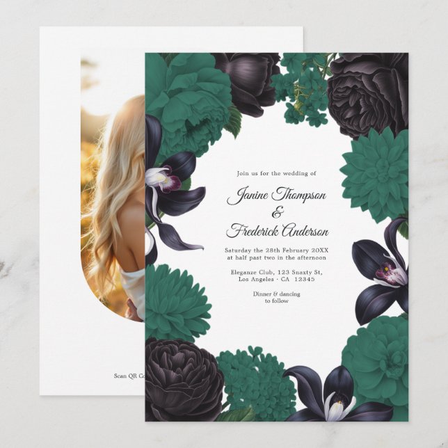 Black & Emerald Green Photo/QR Code Floral Wedding Invitation (Front/Back)