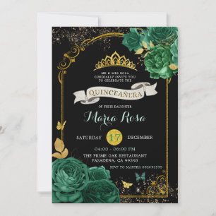 Black Emerald Green Royal Crown Quinceañera Invitation