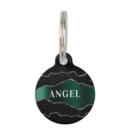 Black emerald green silver agate marble glitter pet ID tag