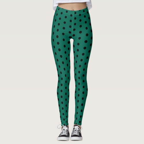 Black emerald teal green polka dots retro pattern leggings