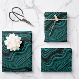 Black & Emerald Wavy Abstraction Wrapping Paper Sheets