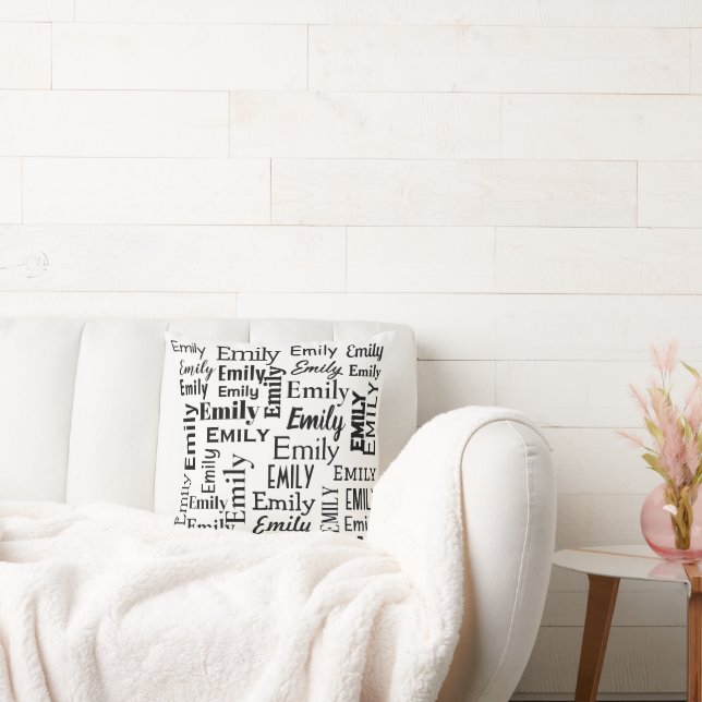 Black EMILY Name On White Throw Pillow (Couch)