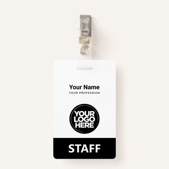 Black Employee Name Business Logo Staff Tag Badge (Front with Clip)