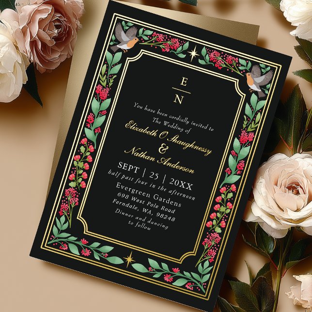 Black Enchanting Botanical Floral Garden Wedding Foil Invitation (Creator Uploaded)