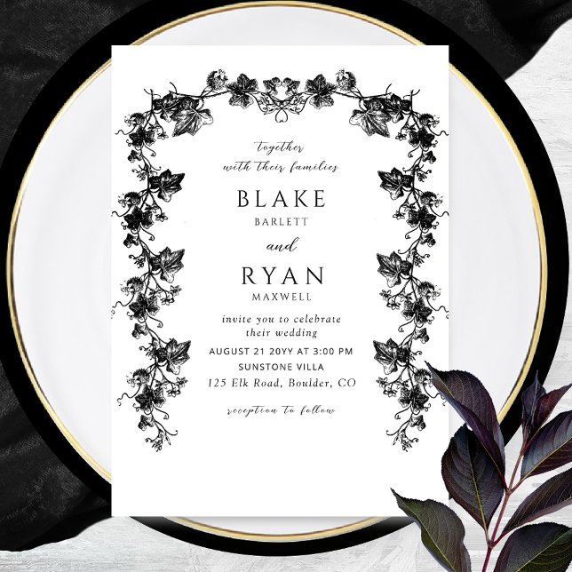 Black Enchanting Garland Elegant Wedding  Invitation (Creator Uploaded)