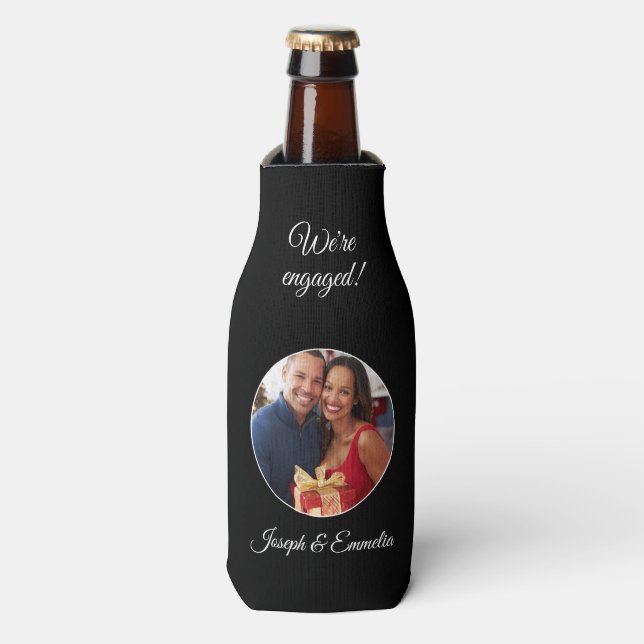 Black Engagement Party Photo Bottle Cooler  (Bottle Front)