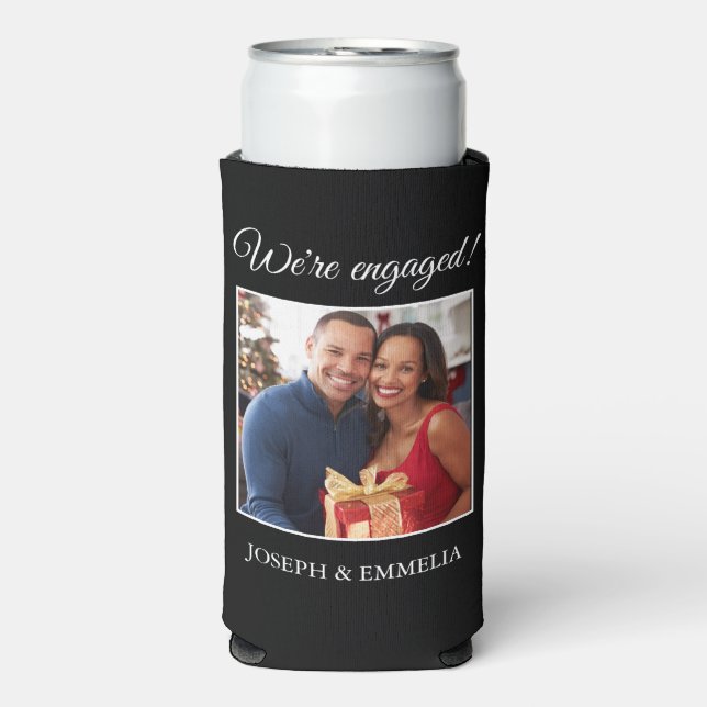 Black Engagement Party Photo Happily Ever After Seltzer Can Cooler (Seltzer Front)