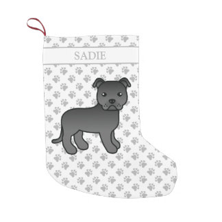 Black English Staffie Cute Cartoon Dog &amp; Name Small Christmas Stocking