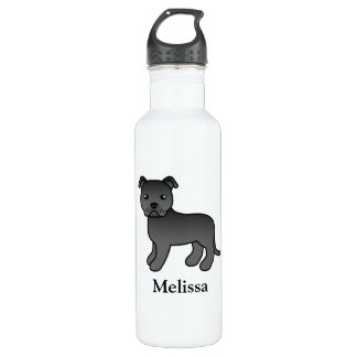 Black English Staffie Cute Cartoon Dog &amp; Name Stainless Steel Water Bottle
