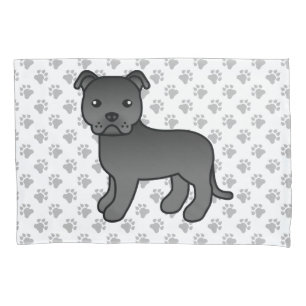 Black English Staffie Cute Cartoon Dog & Paws Pillow Case