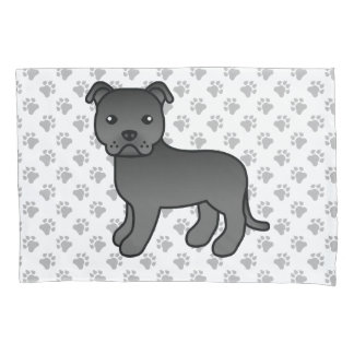 Black English Staffie Cute Cartoon Dog &amp; Paws Pillow Case