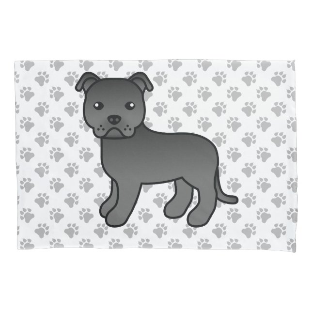 Black English Staffie Cute Cartoon Dog & Paws Pillow Case (Front)