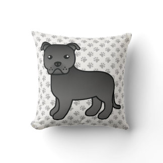 Black English Staffie Cute Cartoon Dog &amp; Paws Throw Pillow