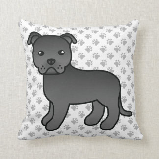 Black English Staffie Cute Cartoon Dog &amp; Paws Throw Pillow