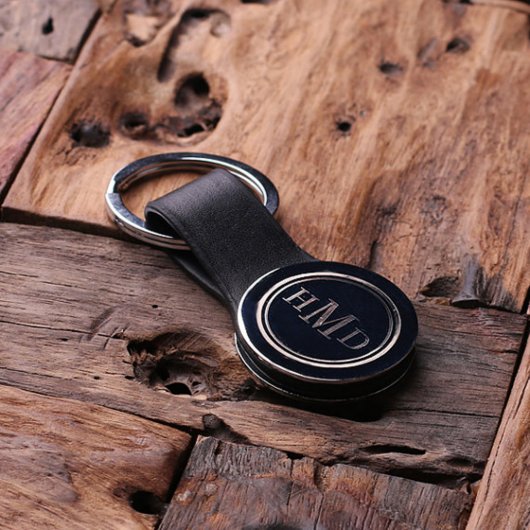 Black Engraved Classic Monogram Round Keychain (Top)