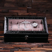 Black Engraved Glass Top Faux Leather Watch Box (Top)