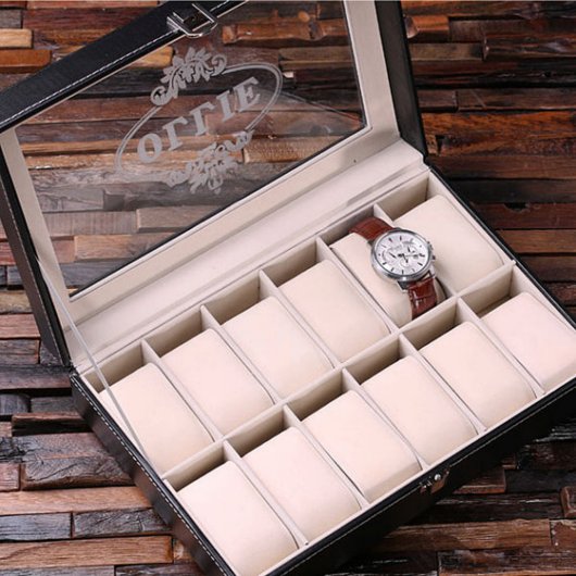 Black Engraved Glass Top Faux Leather Watch Box (Inside )